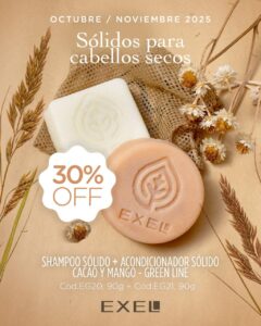 Promo EXEL - Sólidos para Cabellos Secos Sh + Acondicionador Cacao y Mango 20% off
