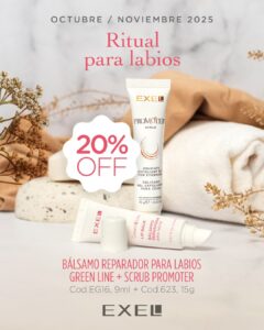 Promo EXEL – Ritual para Labios Bálsamo Green Line + Scrub Promoter 20% Off