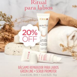 Promo EXEL – Ritual para Labios Bálsamo Green Line + Scrub Promoter 20% Off