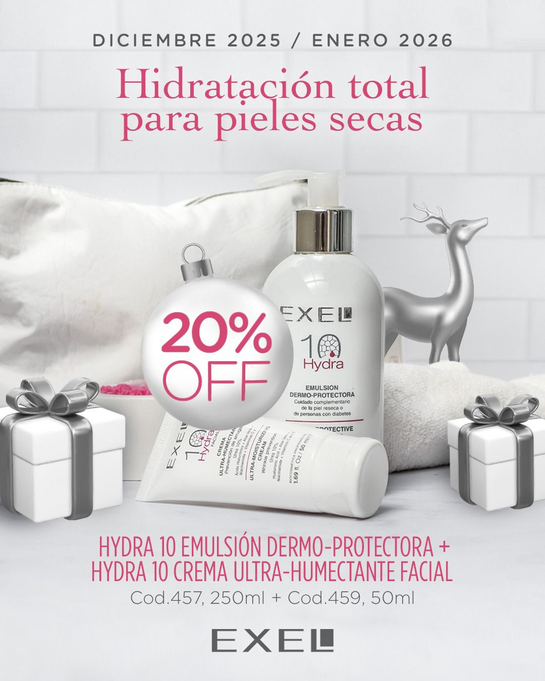 Promo EXEL - 20% Off Hidratacion Total pieles Secas Hydra 10 Emul + Crema