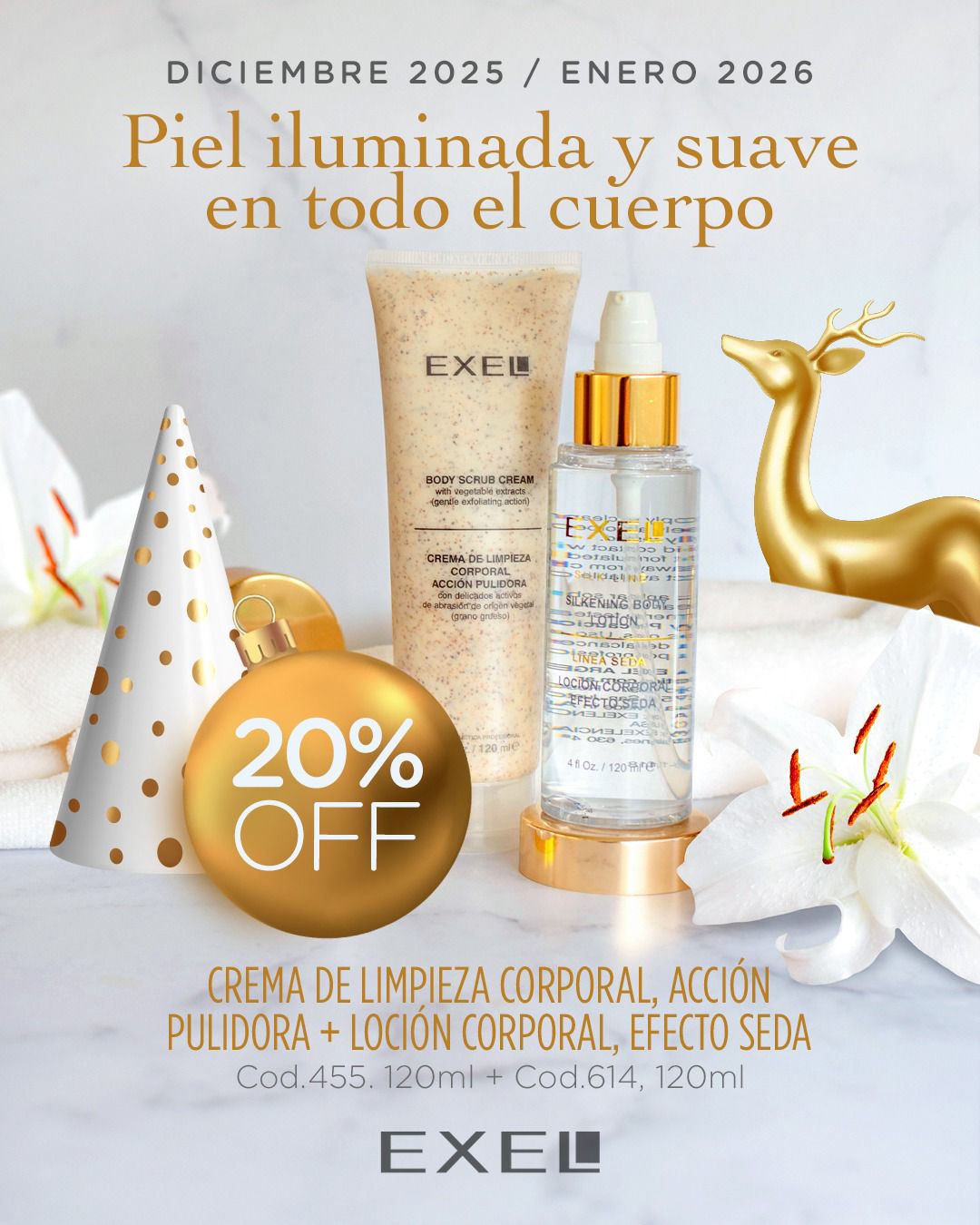 Promo EXEL - 20% Off Piel Iluminada y Suave en todo el Cuerpo Cr Pulidora Corporal + Loción Efecto Seda