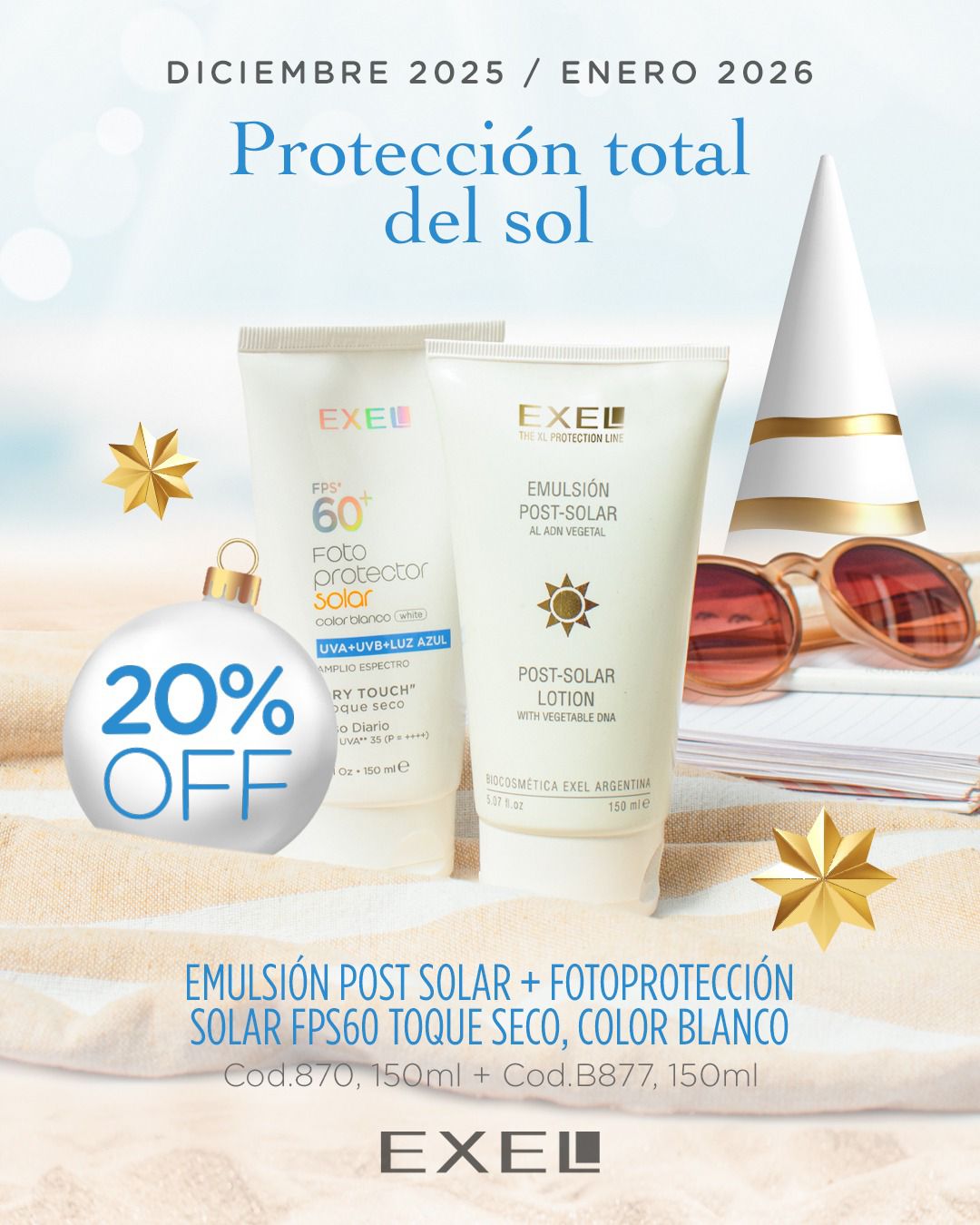Promo EXEL - 20% Off Protección Total del Sol Emul Post Solar + Fotoprotector FPS60 Toque Seco Blanco x 150g
