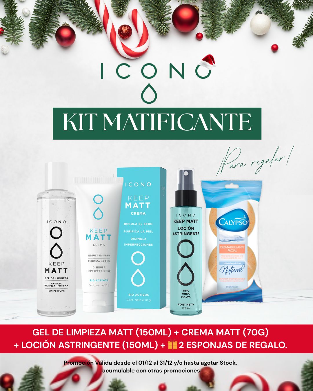 Promo ICONO - MATIFICANTE Gel de limpieza Matt x 150 ml + Loción Astringente x 150 ml + Crema Keep Matt x 70 g + Esponja