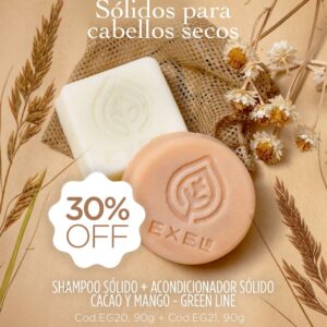 Promo EXEL - Shampoo Sólido + Acondicionador Sólido Cabellos Secos Cacao y Mango