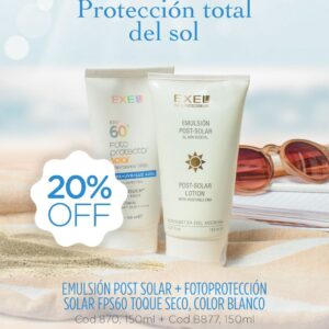 Promo EXEL - Protección Total del Sol, emulsión Post Solar + Fotoprotección FPS60 Toque Seco x 150 ml