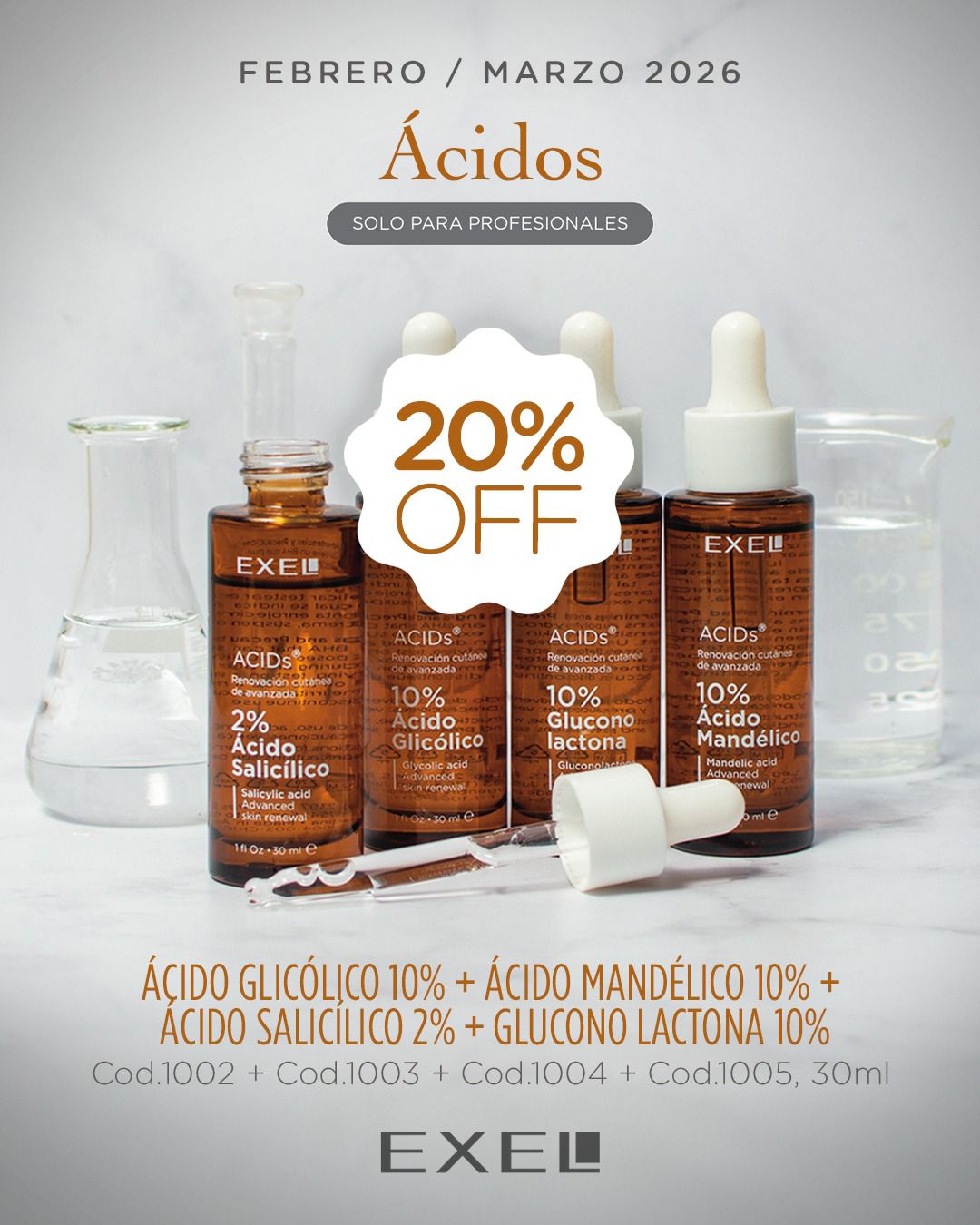 Promo EXEL - Äcids¨, Llevando los 4 Äcidos 20% Off (Glicólico, Mandélico, Salicílico, Glucono Lactona)