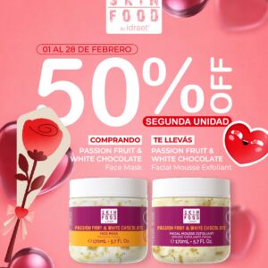Promo IDRAET - SKIN FOOD | Amor que se siente en la piel, Passion Fruit & White Chocolate Face Mask, la segunda unidad (Facial Mousse Exfoliant) tiene 50% OFF.