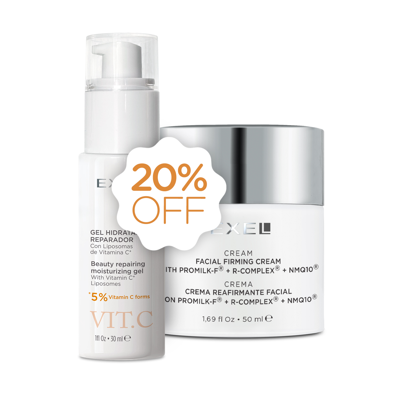 Promo EXEL - Gel Hidratante Reparador Vitamina C + F3 Cr Reafirmante 20% Off